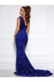 Fournisseurs de Bleu roi Sirène Traîne moyenne Paillettes Velours Longue Robes de bal