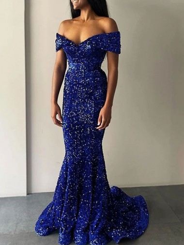 Fournisseurs de Bleu roi Sirène Épaule Dénudée Balayage train Paillettes Velours Longue Robes de bal