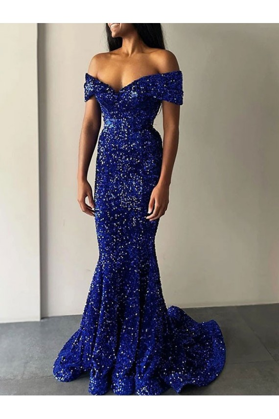 Fournisseurs de Bleu roi Sirène Épaule Dénudée Balayage train Paillettes Velours Longue Robes de bal