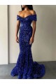 Fournisseurs de Bleu roi Sirène Épaule Dénudée Balayage train Paillettes Velours Longue Robes de bal