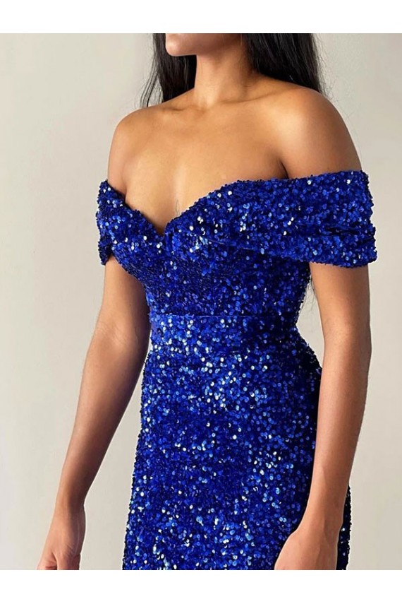 Fournisseurs de Bleu roi Sirène Épaule Dénudée Balayage train Paillettes Velours Longue Robes de bal