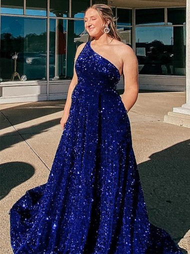 Fournisseurs de Bleu roi Trapèze Balayage train Paillettes Velours Longue Robes de bal