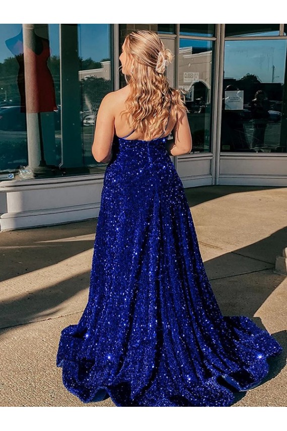 Fournisseurs de Bleu roi Trapèze Balayage train Paillettes Velours Longue Robes de bal