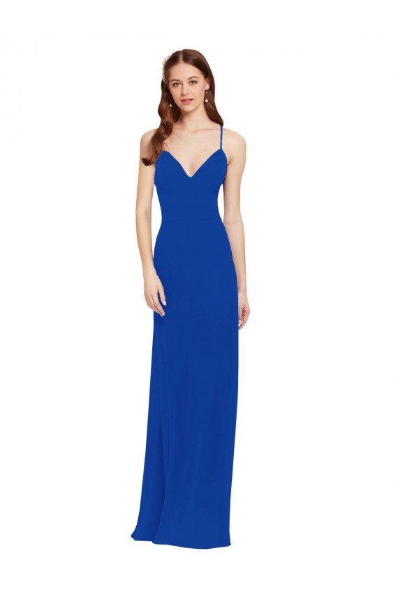 Fournisseurs de Bleu roi Trapèze Bretelles spaghetti Col V Mousseline Longue Robes demoiselle d'honneur
