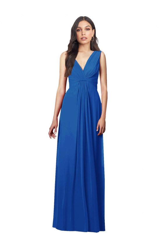 Fournisseurs de Bleu roi Trapèze Col V Mousseline Longue Robes demoiselle d'honneur