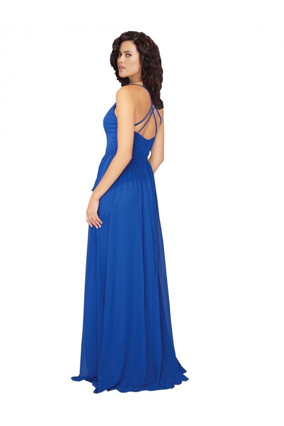Fournisseurs de Bleu roi Trapèze Col V Mousseline Longue Robes demoiselle d'honneur