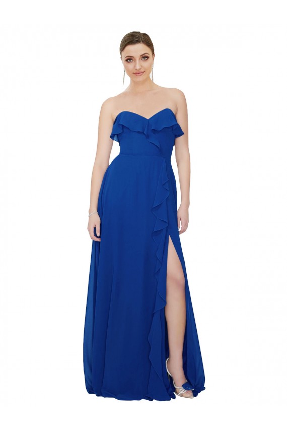 Fournisseurs de Bleu roi Trapèze Sans bretelle Mousseline Longue Robes demoiselle d'honneur