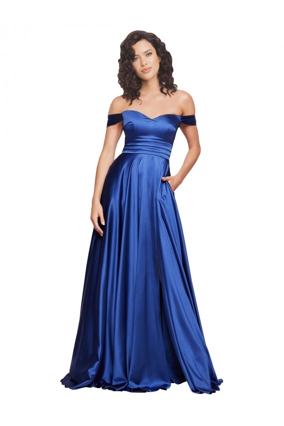 Fournisseurs de Bleu roi Trapèze Épaule Dénudée Balayage train Satiné Stretch Longue Formelles Robes demoiselle d'honneur / Robes de soirée / Robes de bal