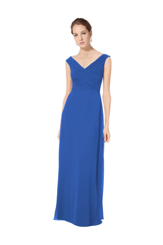 Fournisseurs de Bleu roi Trapèze Épaule Dénudée Col V Mousseline Longue Robes demoiselle d'honneur