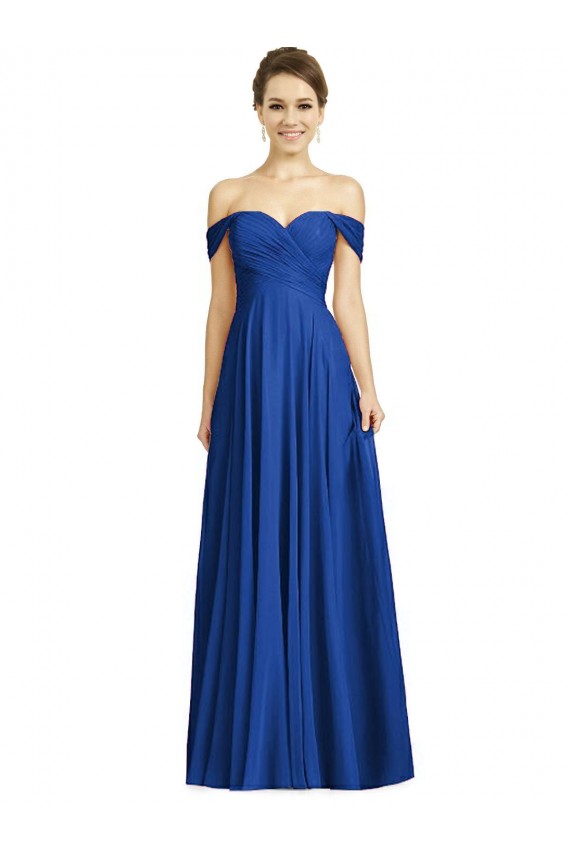 Fournisseurs de Bleu roi Trapèze Épaule Dénudée Mousseline Longue Robes demoiselle d'honneur