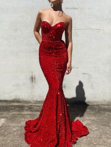 Fournisseurs de Bordeaux Sirène Traîne moyenne Paillettes Velours Longue Robes de bal