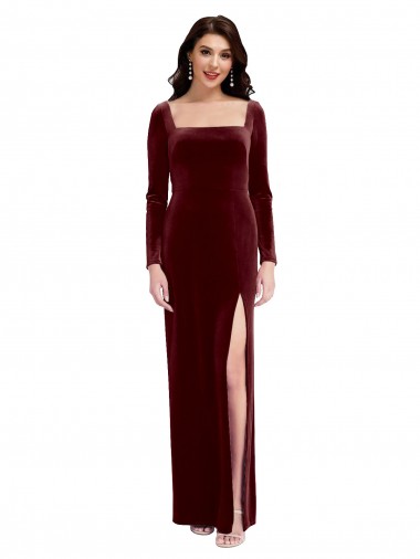 Fournisseurs de Bordeaux Trapèze Bretelles spaghetti Col Carré Velours Stretch Longue Robes demoiselle d'honneur / Robes de bal
