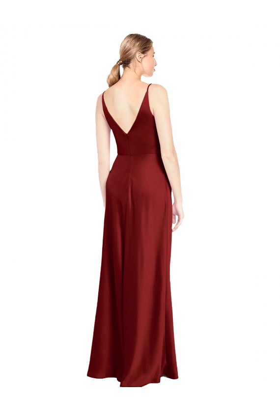 Fournisseurs de Bordeaux Trapèze Bretelles spaghetti Col V Satiné Stretch Longue Formelles Robes demoiselle d'honneur / Robes de soirée / Robes de bal