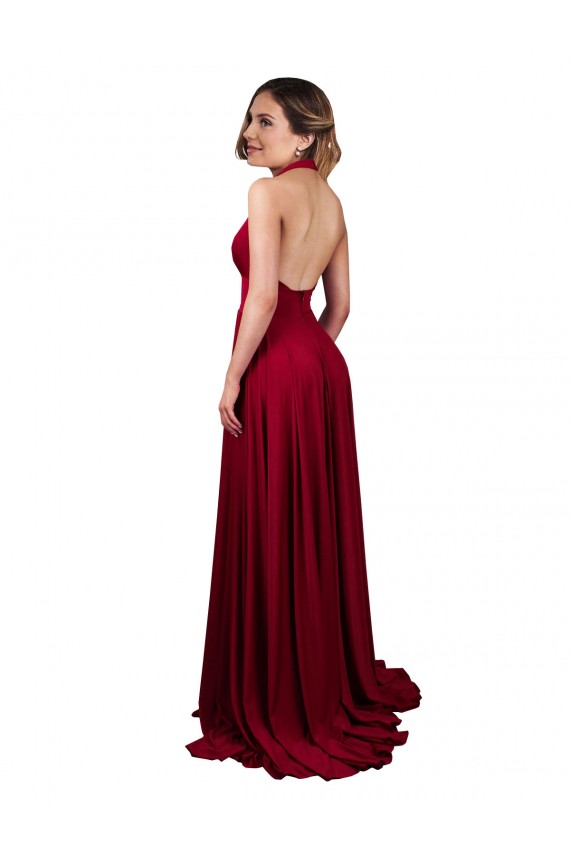 Fournisseurs de Bordeaux Trapèze Licou Col V Spandex Longue Formelles Robes demoiselle d'honneur / Robes de soirée / Robes de bal