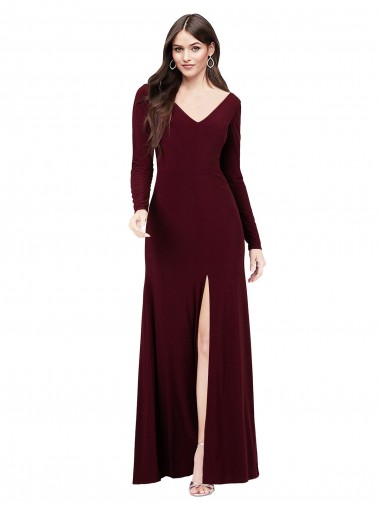 Fournisseurs de Bordeaux foncé Fourreau Col V Spandex Longue Robes demoiselle d'honneur / Robes de bal