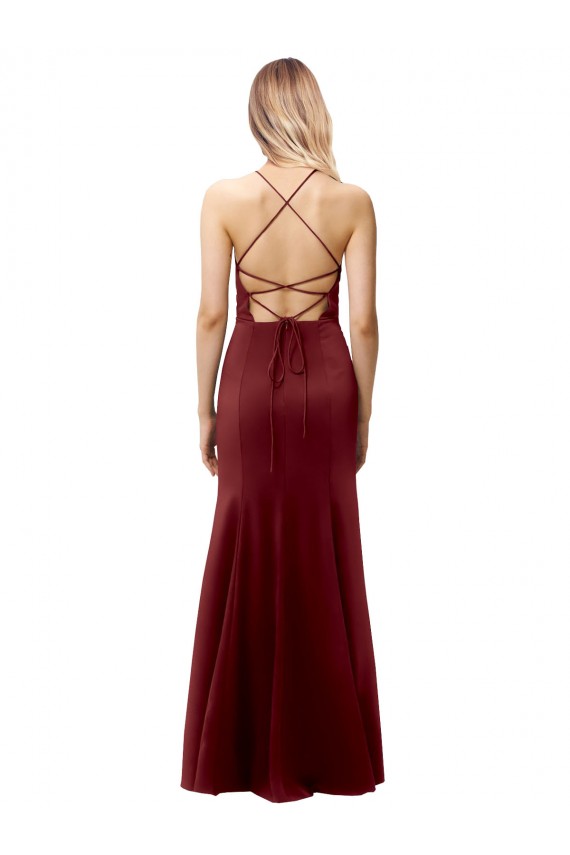 Fournisseurs de Bordeaux foncé Sirène Licou Col Haut Crêpe Stretch Longue Formelles Robes demoiselle d'honneur / Robes de soirée / Robes de bal