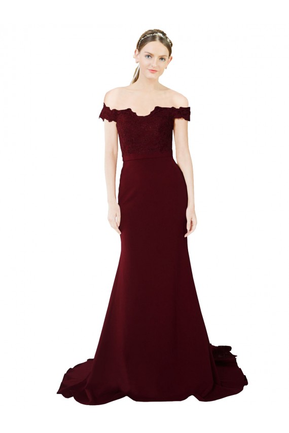 Fournisseurs de Bordeaux foncé Sirène Épaule Dénudée Balayage train Crêpe Stretch Dentelle Longue Formelles Robes demoiselle d'honneur / Robes de soirée / Robes de bal