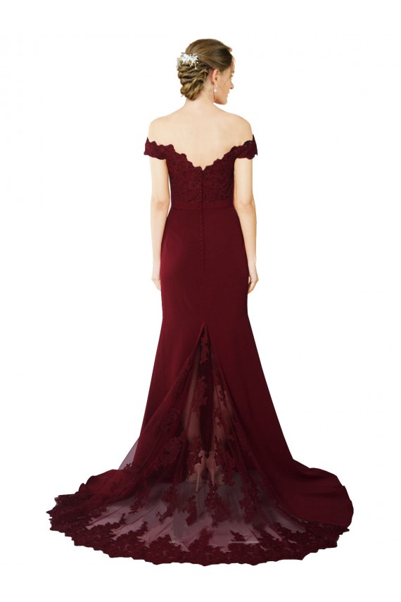 Fournisseurs de Bordeaux foncé Sirène Épaule Dénudée Balayage train Crêpe Stretch Dentelle Longue Formelles Robes demoiselle d'honneur / Robes de soirée / Robes de bal