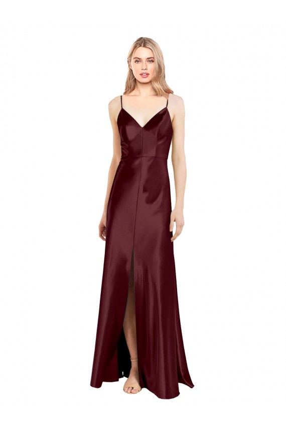 Fournisseurs de Bordeaux foncé Trapèze Bretelles spaghetti Col V Satiné Stretch Longue Formelles Robes demoiselle d'honneur / Robes de soirée / Robes de bal