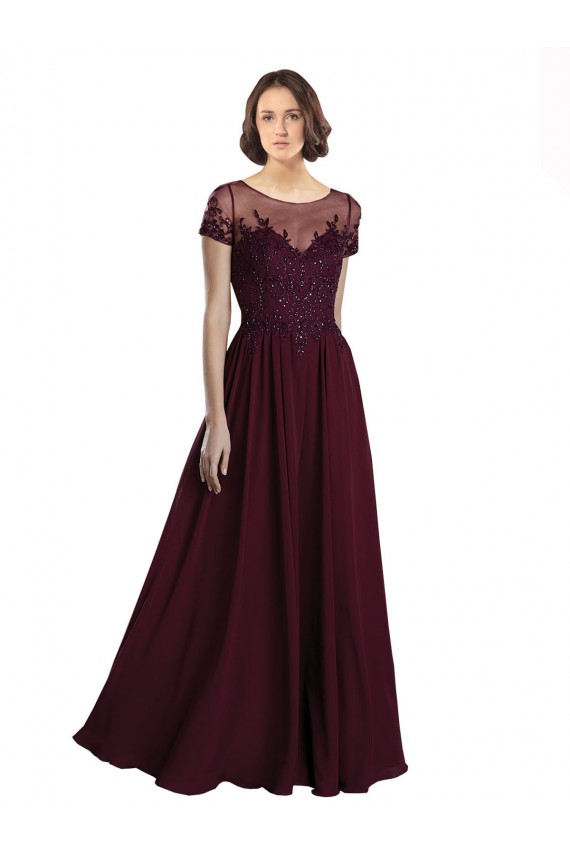 Fournisseurs de Bordeaux foncé Trapèze Col bijou Tulle Mousseline Longue Robes demoiselle d'honneur