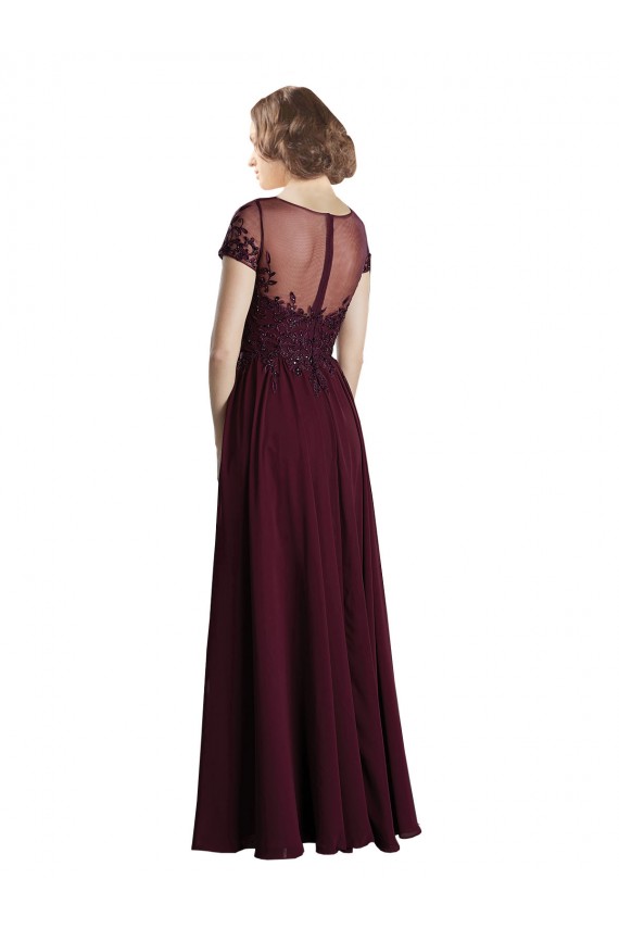 Fournisseurs de Bordeaux foncé Trapèze Col bijou Tulle Mousseline Longue Robes demoiselle d'honneur