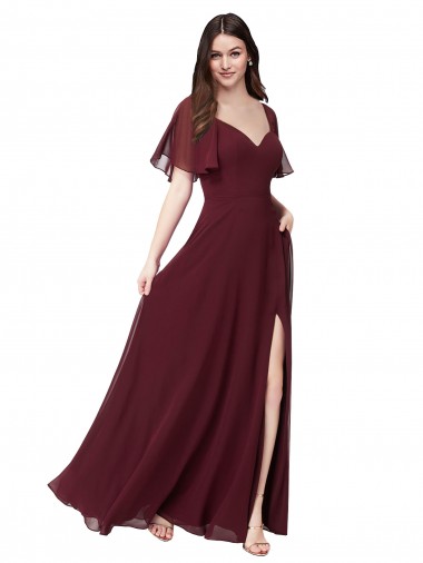 Fournisseurs de Bordeaux foncé Trapèze Mousseline Longue Robes demoiselle d'honneur