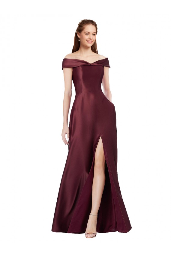 Fournisseurs de Bordeaux foncé Trapèze Épaule Dénudée Sans bretelle Satiné Longue Formelles Robes demoiselle d'honneur / Robes de soirée / Robes de bal