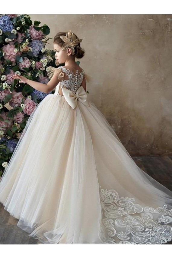 Fournisseurs de Champagne Princesse Tulle Dentelle Longue Robes de demoiselle d'honneur - fillette