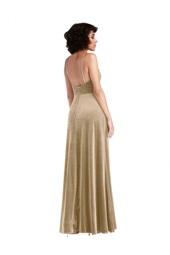 Fournisseurs de Champagne Trapèze Col Carré Velours Stretch Longue Formelles Robes demoiselle d'honneur / Robes de soirée / Robes de bal
