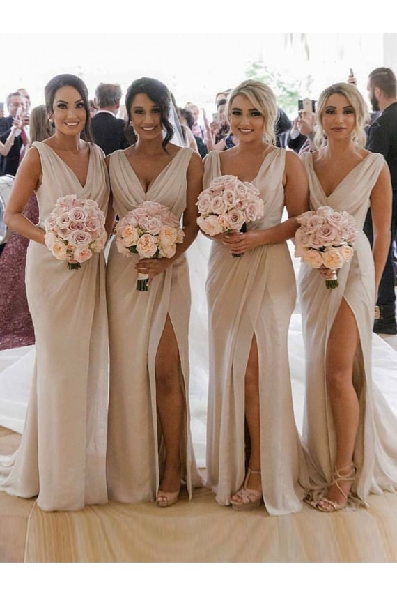Fournisseurs de Champagne Trapèze Col V Mousseline Longue Robes demoiselle d'honneur