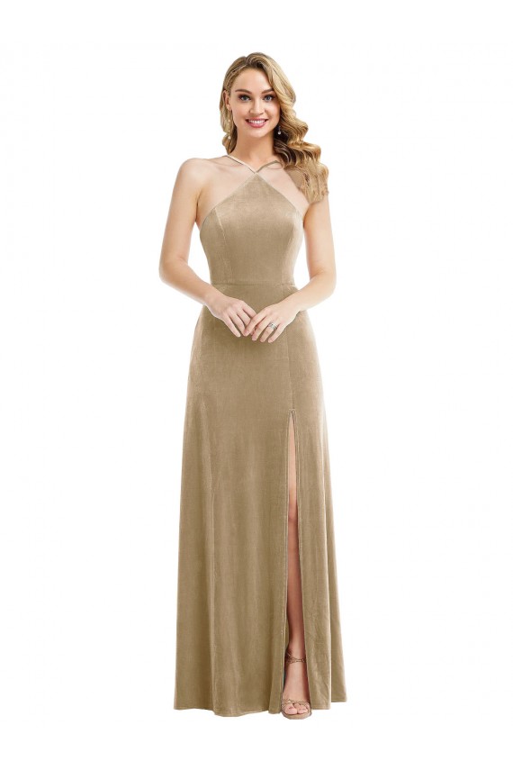 Fournisseurs de Champagne Trapèze Licou Col Haut Velours Stretch Longue Robes demoiselle d'honneur / Robes de bal