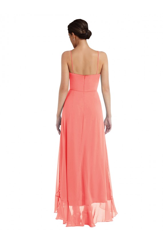 Fournisseurs de Corail Trapèze Bretelles spaghetti Scoop Mousseline Longue Asymétrique Robes demoiselle d'honneur
