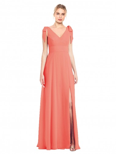 Fournisseurs de Corail Trompette Col V Mousseline Longue Robes demoiselle d'honneur