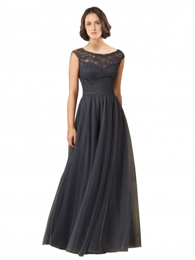 Fournisseurs de Gris ardoise Trapèze Bateau Tulle Dentelle Longue Robes demoiselle d'honneur
