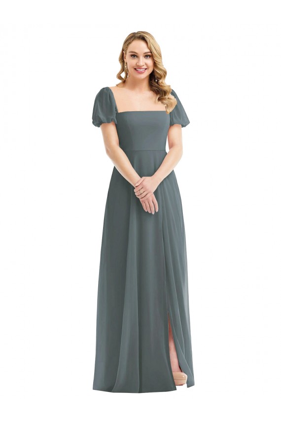 Fournisseurs de Gris ardoise Trapèze Col Carré Mousseline Longue Robes demoiselle d'honneur