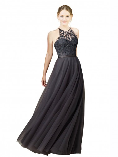 Fournisseurs de Gris ardoise Trapèze Tulle Dentelle Longue Robes demoiselle d'honneur