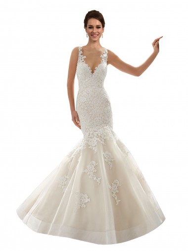 Fournisseurs de Ivoire & Champagne Sirène Col V Tulle Dentelle Classique Robes de mariée