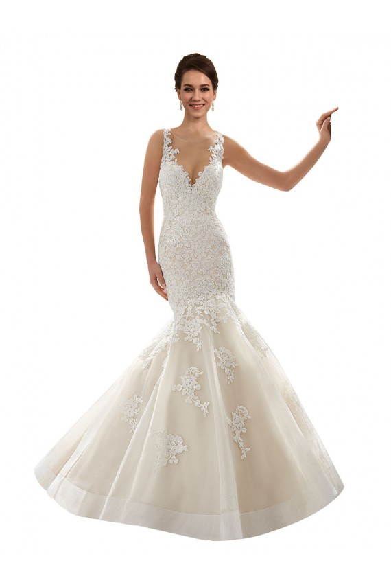 Fournisseurs de Ivoire & Champagne Sirène Col V Tulle Dentelle Classique Robes de mariée