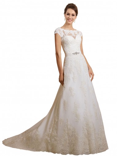 Fournisseurs de Ivoire Trapèze Illusion Tulle Dentelle Classique Robes de mariée