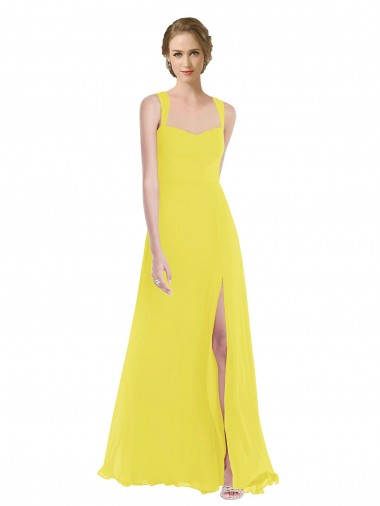 Fournisseurs de Jaune Trapèze Bretelles spaghetti Mousseline Longue Robes demoiselle d'honneur