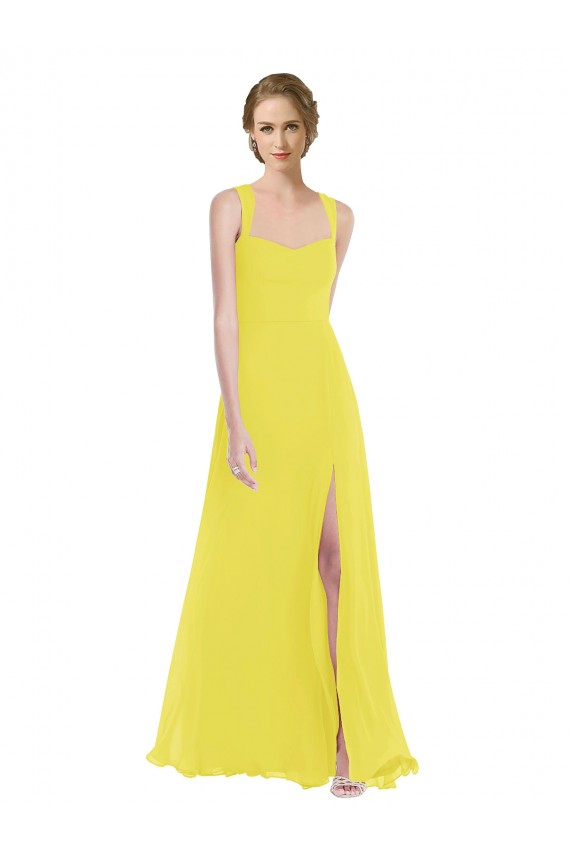 Fournisseurs de Jaune Trapèze Bretelles spaghetti Mousseline Longue Robes demoiselle d'honneur