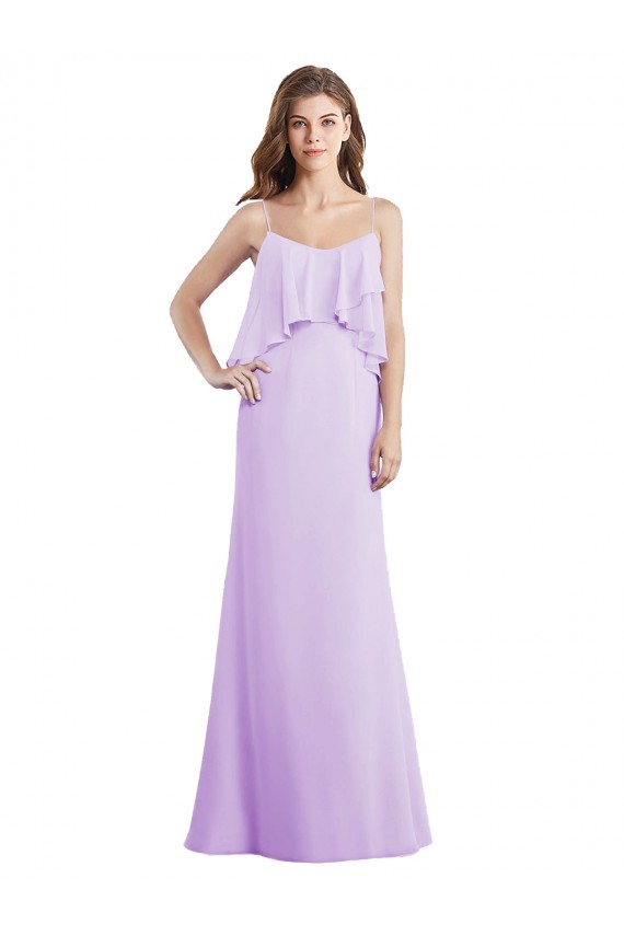 Fournisseurs de Lilas Trapèze Bretelles spaghetti Scoop Mousseline Longue Robes demoiselle d'honneur