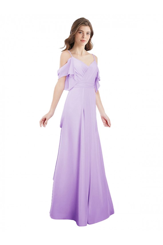 Fournisseurs de Lilas Trapèze Épaule Dénudée Bretelles spaghetti Mousseline Longue Robes demoiselle d'honneur