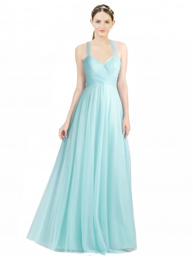 Fournisseurs de Menthe verte Trapèze Bretelles spaghetti Tulle Longue Robes demoiselle d'honneur