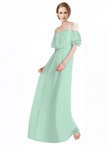 Fournisseurs de Menthe verte Trapèze Épaule Dénudée Bretelles spaghetti Mousseline Longue Robes demoiselle d'honneur