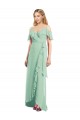 Fournisseurs de Menthe verte Trompette Bretelles spaghetti Col V Mousseline Longue Asymétrique Robes demoiselle d'honneur