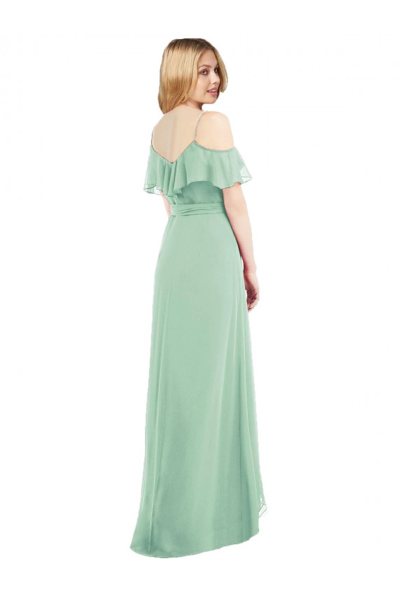 Fournisseurs de Menthe verte Trompette Bretelles spaghetti Col V Mousseline Longue Asymétrique Robes demoiselle d'honneur