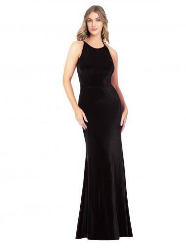 Fournisseurs de Noir Fourreau Bretelles spaghetti Col bijou Velours Stretch Longue Formelles Robes demoiselle d'honneur / Robes de soirée / Robes de bal