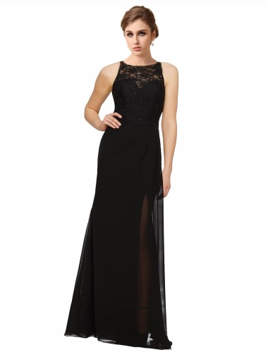 Fournisseurs de Noir Fourreau Col Haut Mousseline Dentelle Longue Robes demoiselle d'honneur