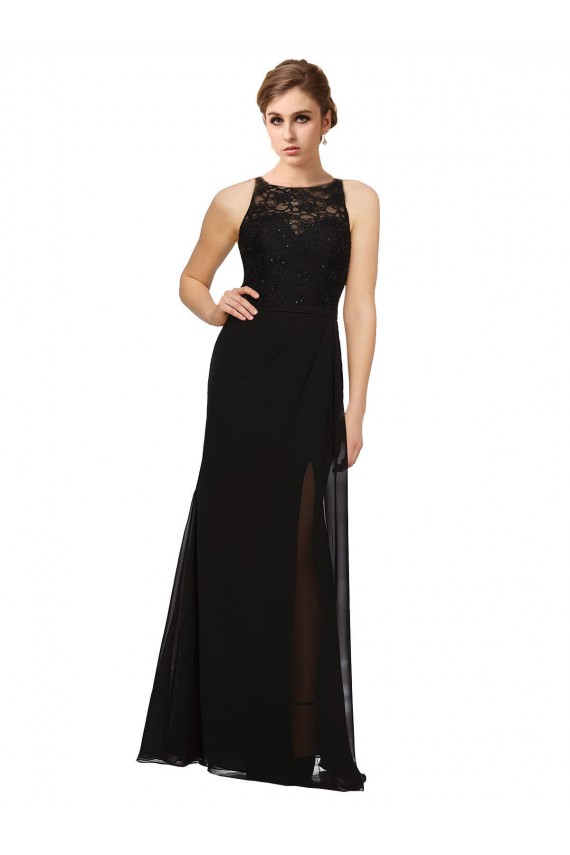 Fournisseurs de Noir Fourreau Col Haut Mousseline Dentelle Longue Robes demoiselle d'honneur